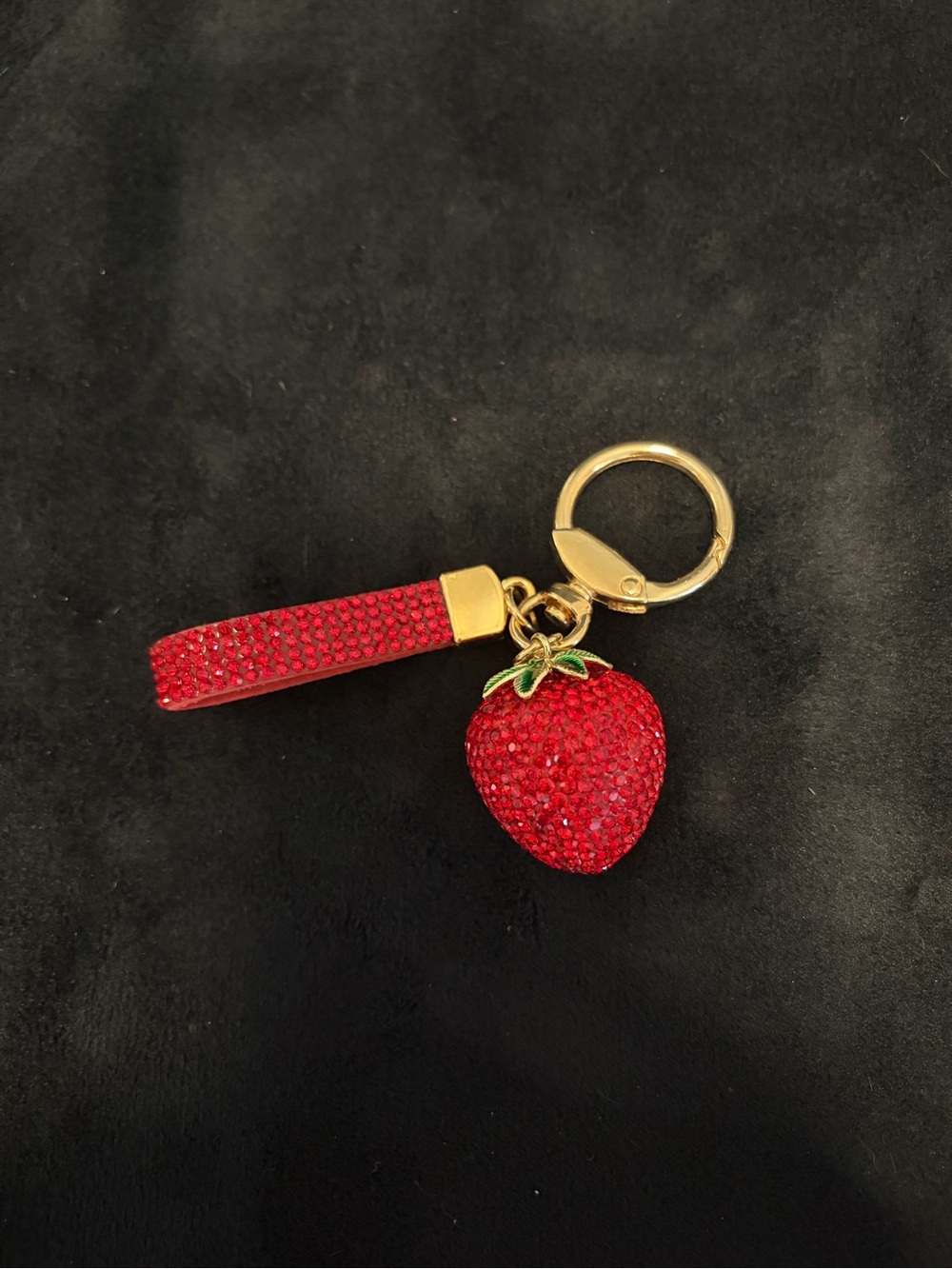 Red Rhinestone Strawberry Keychain with Gold Hardware - Picture 3 of 5